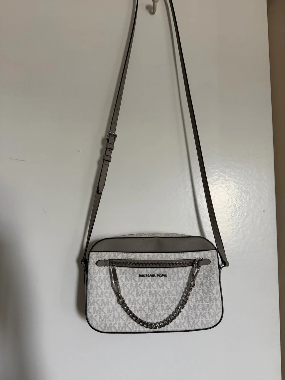 Michael Kors White and Taupe Signature Crossbody with Chain Detail